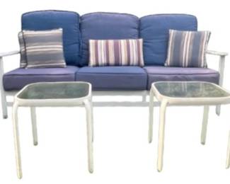 White Aluminum 3 Seat Sofa With Blue Seats, Striped Cushions And Two Small Tables