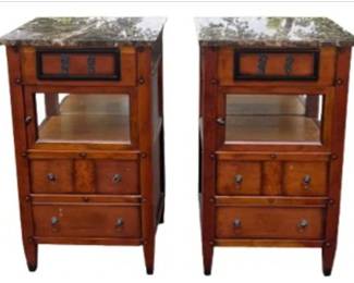 Regency Style Marble Topped Nightstands - Secret Sliding Top Drawer, Glass & Mirror Vitrine Cupboard