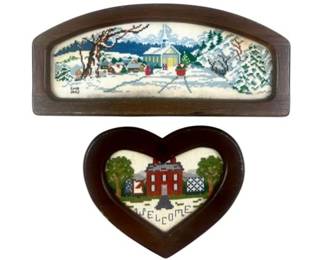 Vintage Framed Needlepoint - Winter Scene And Heart Shaped Wall Decor