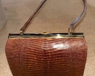 Mid-Century Lizard Skin Style Structured Frame Handbag
