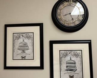 French Country Style Wall Clock and Birdcage Art Set