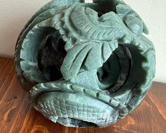 Chinese Style Green Stone Puzzle Ball with Dragon and Phoenix Motif