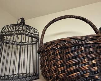 Decorative Metal Birdcage and Wicker Basket Set
