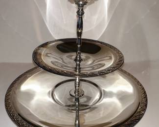 Silver Plated Two-Tiered Serving Tray with Ornate Border