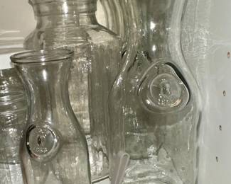 Mid-Century Modern Style Gold Circle Glass Bowl, Pyrex Bakeware and Assorted Bottles