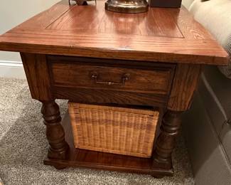Traditional Style Oak End Table with Drawer and Lower Shelf