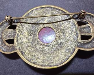 Art Deco Style Brass Brooch with Red Cabochon