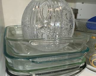 Mid-Century Modern Style Gold Circle Glass Bowl, Pyrex Bakeware and Assorted Bottles