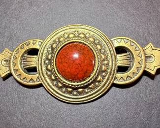 Art Deco Style Brass Brooch with Red Cabochon