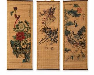 130 VintageAsianBambooWallHangingScrollArtPairDecor