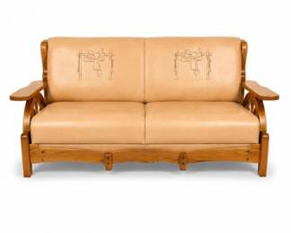 98 1950sWesternWagonWheelOakSofawithSaddleLeather