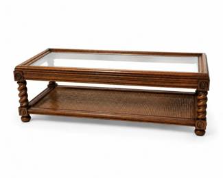 114 VintageOakGlassCoffeeTableBarleyTwistCaneShelf