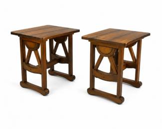 34 PairMidCenturyOakWagonWheelEndTables
