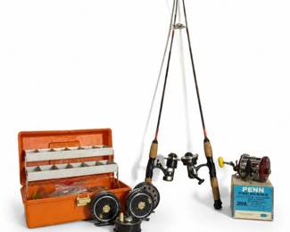 119 VintageFishingGearLotRodsReelsTackleBox