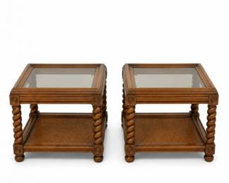 136 PairVintageBarleyTwistGlassTopEndSideTablesWood