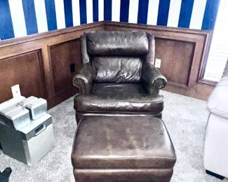 Brown leather chair with ottoman