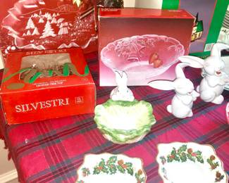 Lots of decorative Christmas collectibles and serving dishes