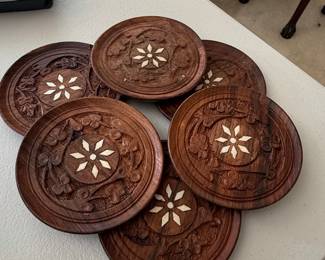 Hand Carved Sheesham Wood Coasters with Bone Inlay
