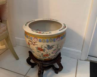 Chinese Porcelain Fishbowl with Wooden Stand