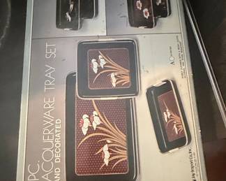 3 Piece Toyo Japan Lacquerware Tray Set with Hand Decorated Floral Motif