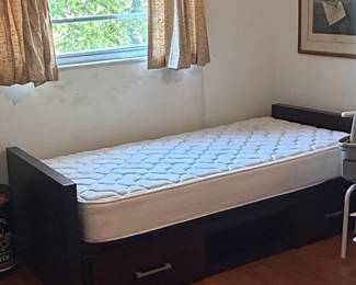 Dark Wood Twin Captain's Bed with 2 Storage Drawers and Mattress