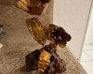 Brutalist Copper and Brass Floral Sculpture on Burl Wood Base