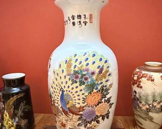 Vintage Satsuma Porcelain Vase with Peacock and Floral Motif