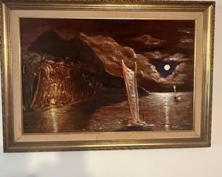 Nautical Moonlit Sailboat Oil Painting