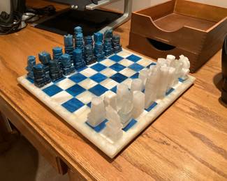 Blue and white marble chess set