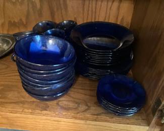 Set of cobalt blue glass dishes
