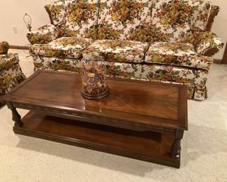Vintage coffee table, vintage sofa w floral upholstery