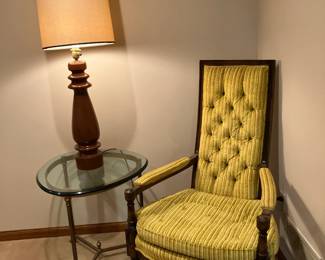 1960's table lamp on brass and glass table, 1960's arm chair