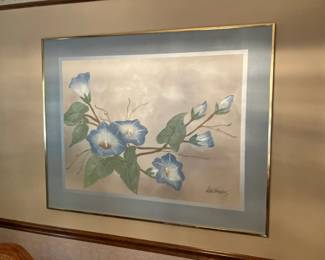Large panel w morning glories signed Lee Reynolds