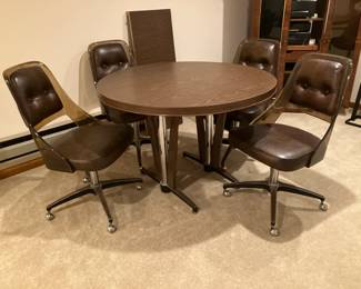1960 table w chrome base & 4 chairs w plexiglass backs, vinyl upholstery