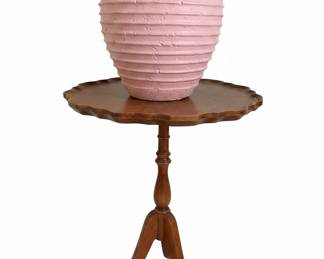 Vintage Ribbed Pink Ceramic Table Lamp and ScallopedEdge Tripod Accent Table