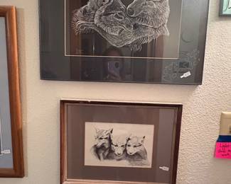 Terry Doughty Wolf Art Prints Set of   Wolf Scratchboard and Wolf Pups Graphite