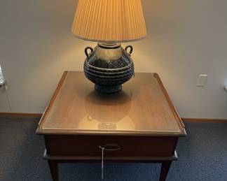 Vintage Ceramic RopeDetail Table Lamp and MidCentury Modern GlassTop End Table