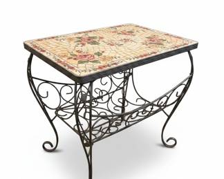 Vintage Wrought Iron Side Table with Floral Mosaic Tile Top