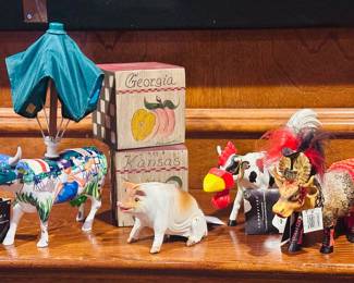 Cow Parade Figures and Antique Cast Iron Bank