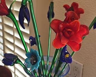 Hand Blown Glass Flowers in Blue Swirl Vase