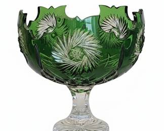 Large Bohemian Cut-to-Clear Emerald Green Bowl