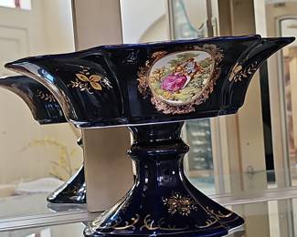 Cobalt Blue Porcelain Footed Bowl with Fragonard Scenes - Limoges