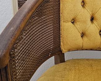 Mid-Century Modern Cane Back Barrel Chair with Yellow Upholstery