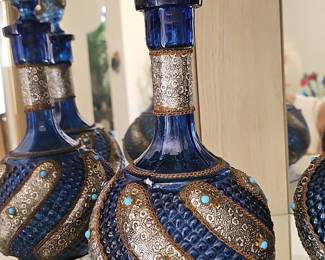 Vintage Turkish Cobalt Blue Glass Decanter with Silver-Tone Metal Overlay and Turquoise Cabochons