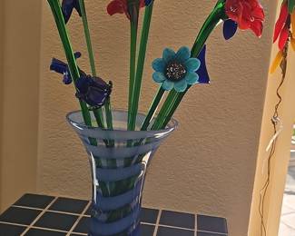 Hand Blown Glass Flowers in Blue Swirl Vase