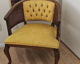 Mid-Century Modern Cane Back Barrel Chair with Yellow Upholstery