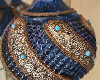 Vintage Turkish Cobalt Blue Glass Decanter with Silver-Tone Metal Overlay and Turquoise Cabochons