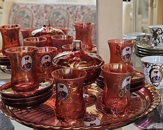 Persian Shah Ruby Glass Tea Set with Qajar Portraits