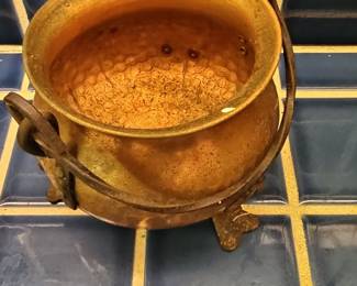 Vintage Hammered Brass Cauldron Pot with Iron Feet and Handle