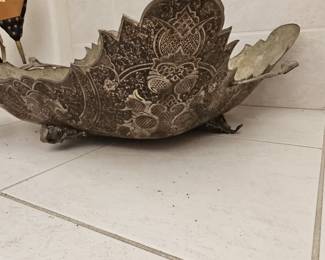 Oversized Indo-Persian Engraved Metal Footed Tray/Bowl